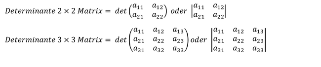 Notation einer 2x2 und 3x3 Determinante einer Matrix