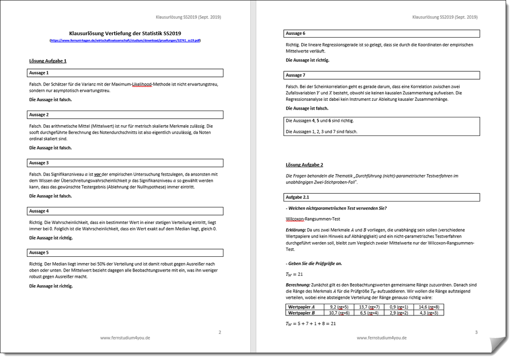 Klausurlösung Vertiefung Wirtschaftsmathematik Statistik WS2013-SS2019 - Fernuni Hagen